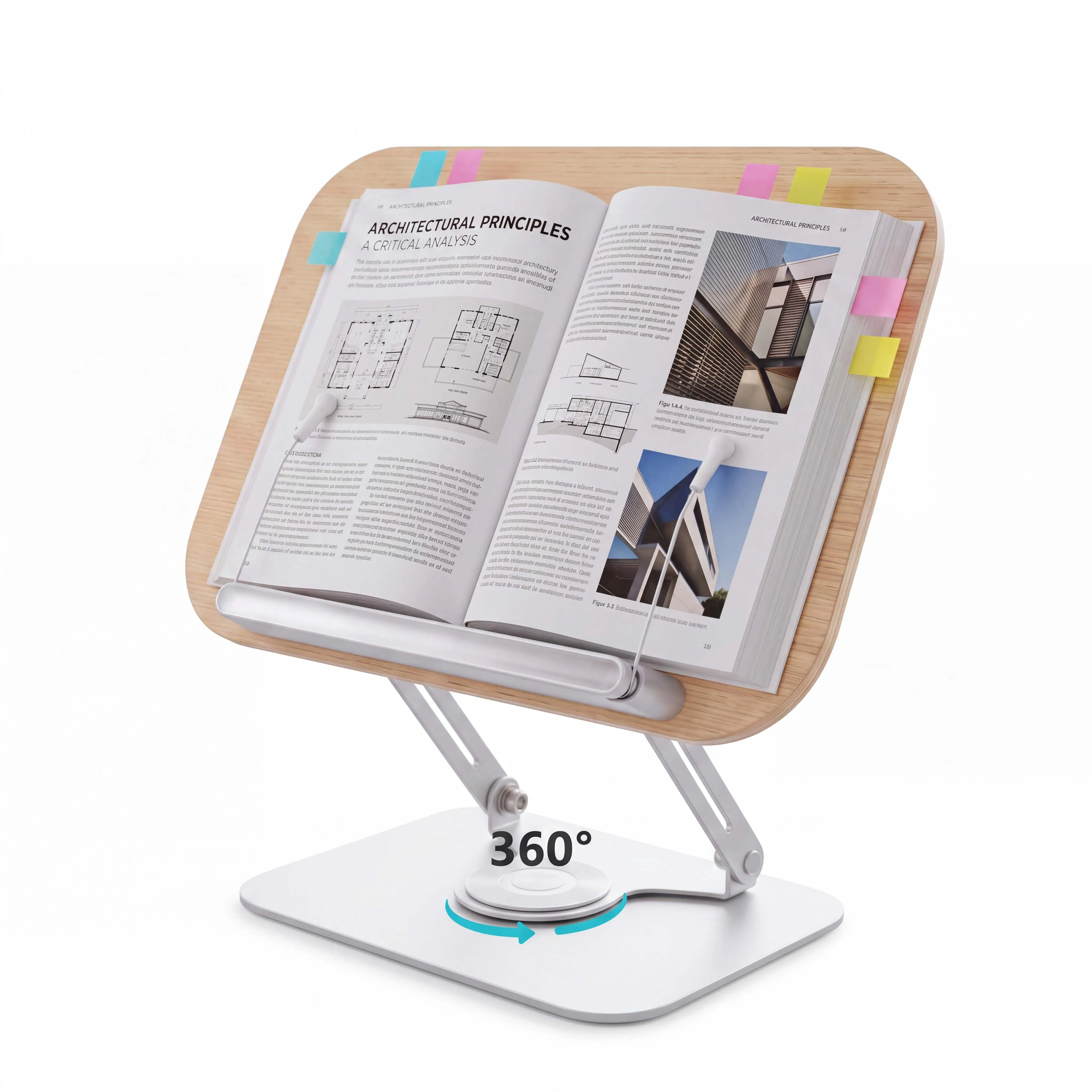Book Stand for Reading Adjustable Book Holder with 360° Rotating Base Elastic Page Clips  Desktop Riser Stand Adjustable Book Stand with 360 Rotating Base, Foldable Reading Riser & Elastic Page Clips, for Books Tablets, Home、 Office School