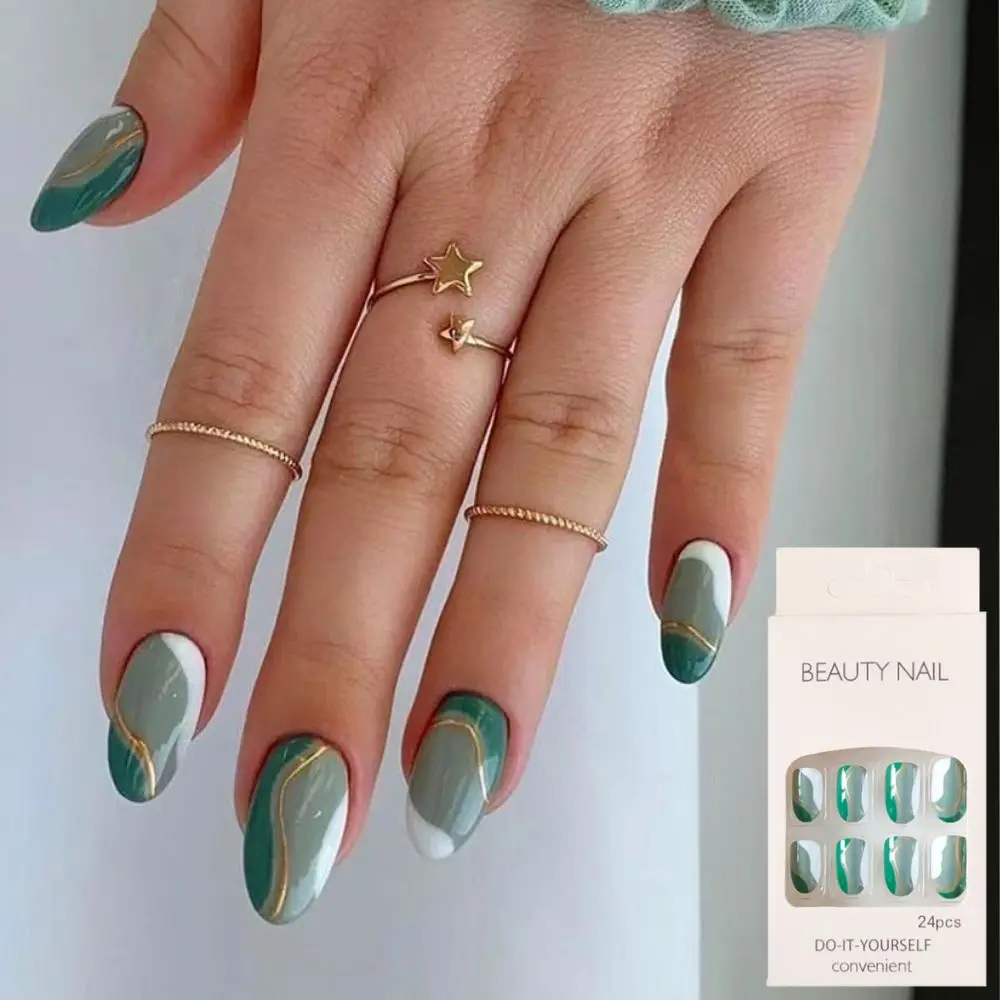 Press On Nails Full Cover French Oval False Nails Set Of 24_voghion.com