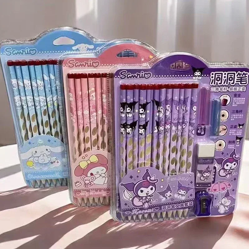 3Set Sanrio 2B Pencils Sketching Pencil Mymelody Kuromi Cinnamoroll Black Core Crude Wood Kids Pencil School Stationery