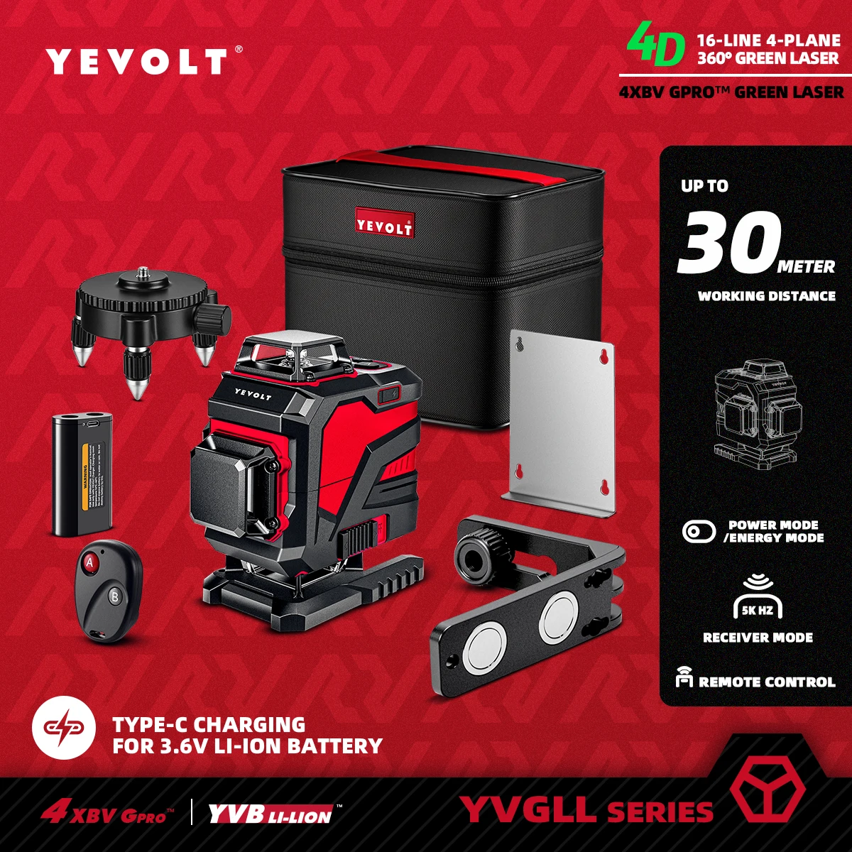 

YEVOLT YVGLL4XS16 360°x4 16-Line Grade Laser Level QuikTilt Self-Leveling 1cm Ground Clearance High-Accuracy 30m Woring Range