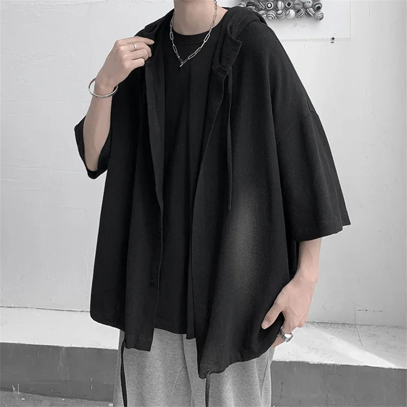 Summer Japanese Style Vintage Oversized Harajuku Shirt Men Casual Loose Hooded Blouse All Match Fashion Streetwear Male Clothes