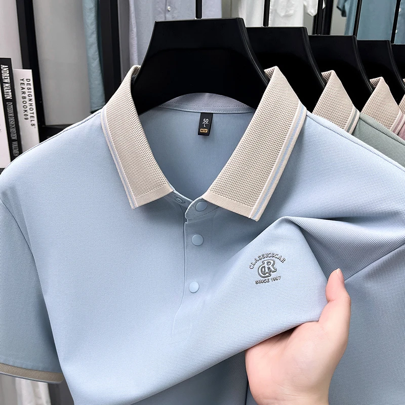 Light luxury brand men's polo shirt short sleeve letter embossed summer ice silk breathable fashion color blocked lapel T-shirt
