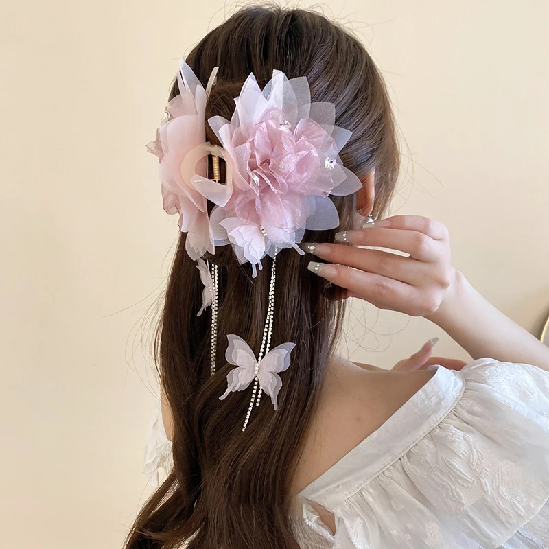 Women Super Fairy Aesthetic Flower Butterfly Tassel Hair Clip Elegant Sweet Ribbon Hair Clip Antique Style Hair Accessories