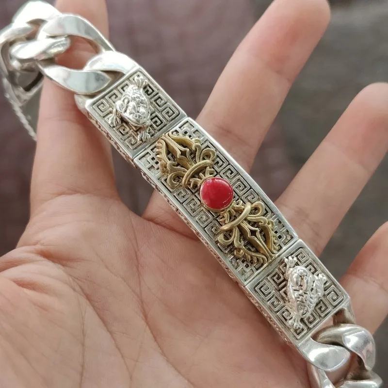 Vintage Thai Tibetan Silver Bracelet For Men, Wealth Attracting Three-legged Toad Lucky Fortune Transfer Collectible Retro Jewel