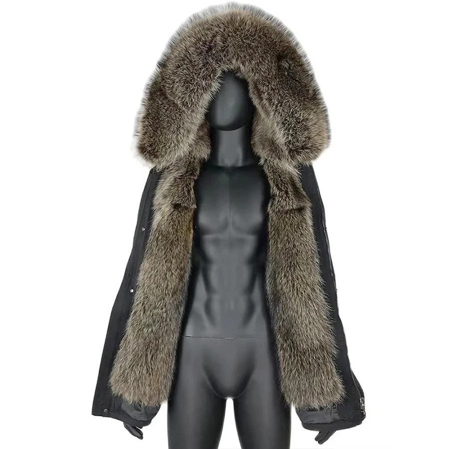 Men's Natural Raccoon Fur Coat Warm Winter Parka With Real Fur Hooded Detachable Liner High Quality Outwear