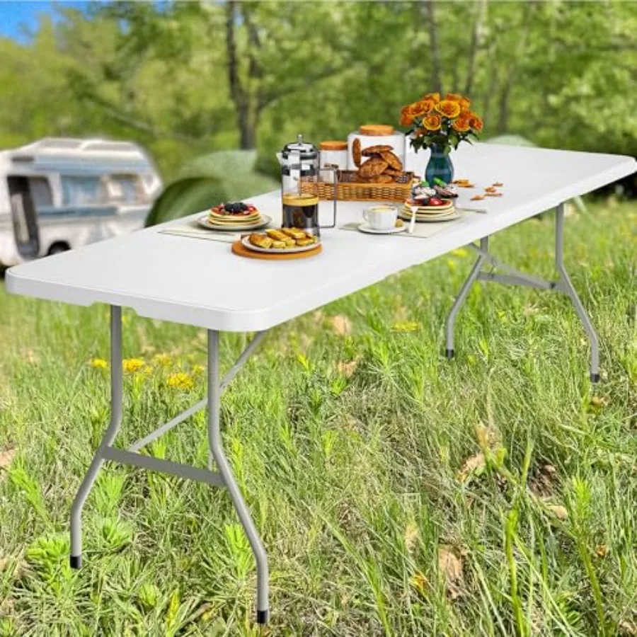 

8FT Folding Tables for Outdoor Camping Picnic Parties Indoor Events, Heavy Duty White Plastic Fold-in-Half Table with Carrying