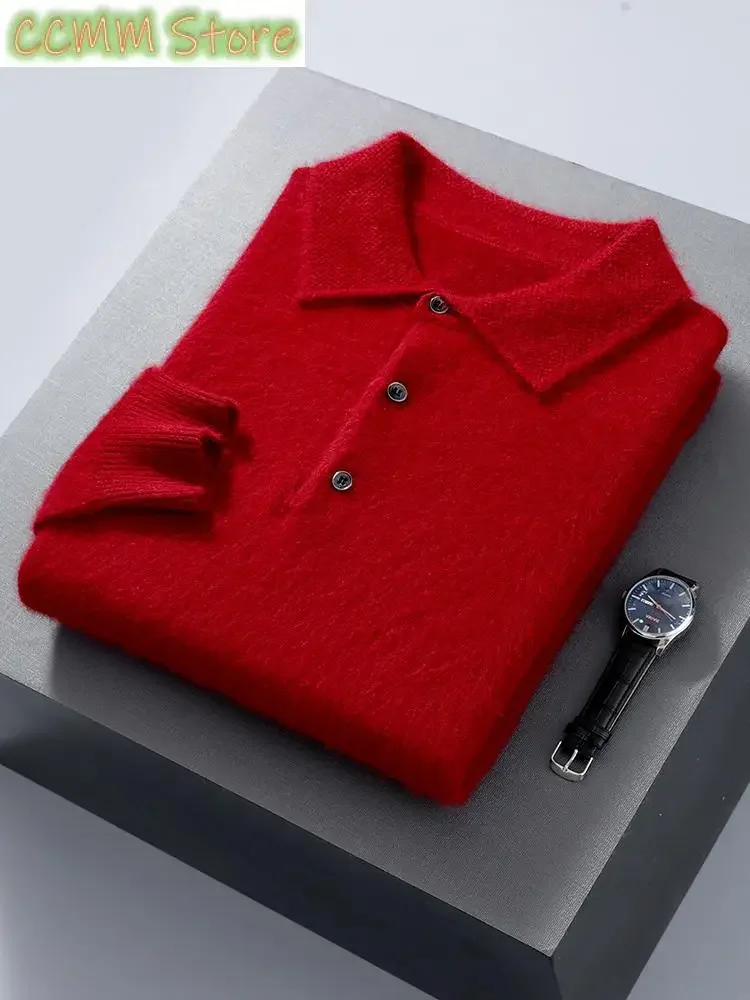 Mink Cashmere Jacket Men's POLO Collar Pullover Spring Autumn New Knitted Tops Casual Loose Large Size Men's Shirts