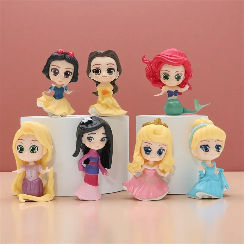 Juego de 7 figuras de princesas de Disney, Bella, Ariel, Rapunzel, Blancanieves, figuras de Anime de 5,5 cm, decoraciones, adornos para pasteles, regalos