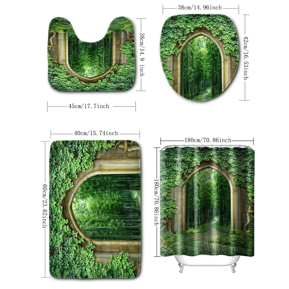 4-piece set of retro green plant door waterproof shower curtain with 12 hooks, waterproof printed curtain, bathroom floor mat