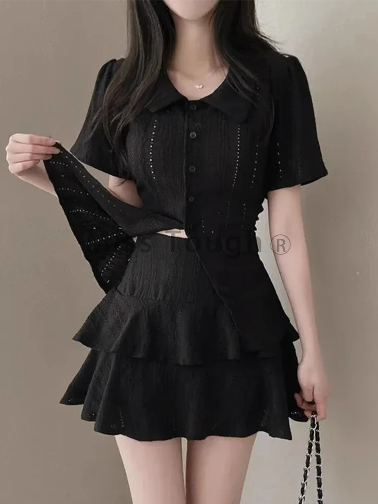 Korea Style Chic Summer Skirt Suit Sweet Women Lace Short Sleeve Top + Mini Pleated Skirt Female Casual Slim Short Sets Office