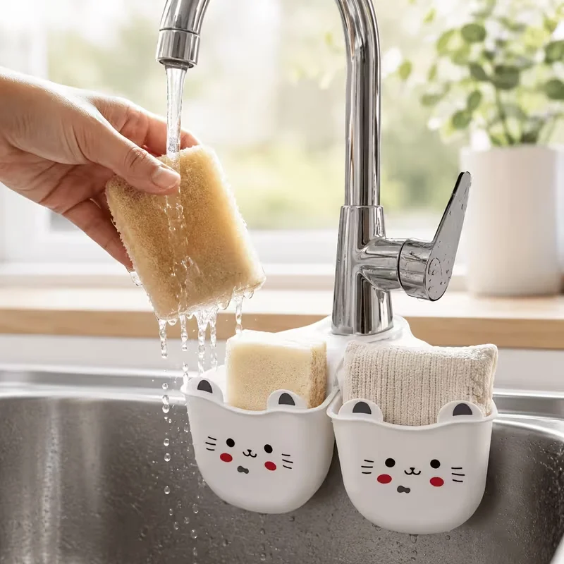 1 piece of cute cat silicone faucet holder, with a drainage hole and a sponge storage rack