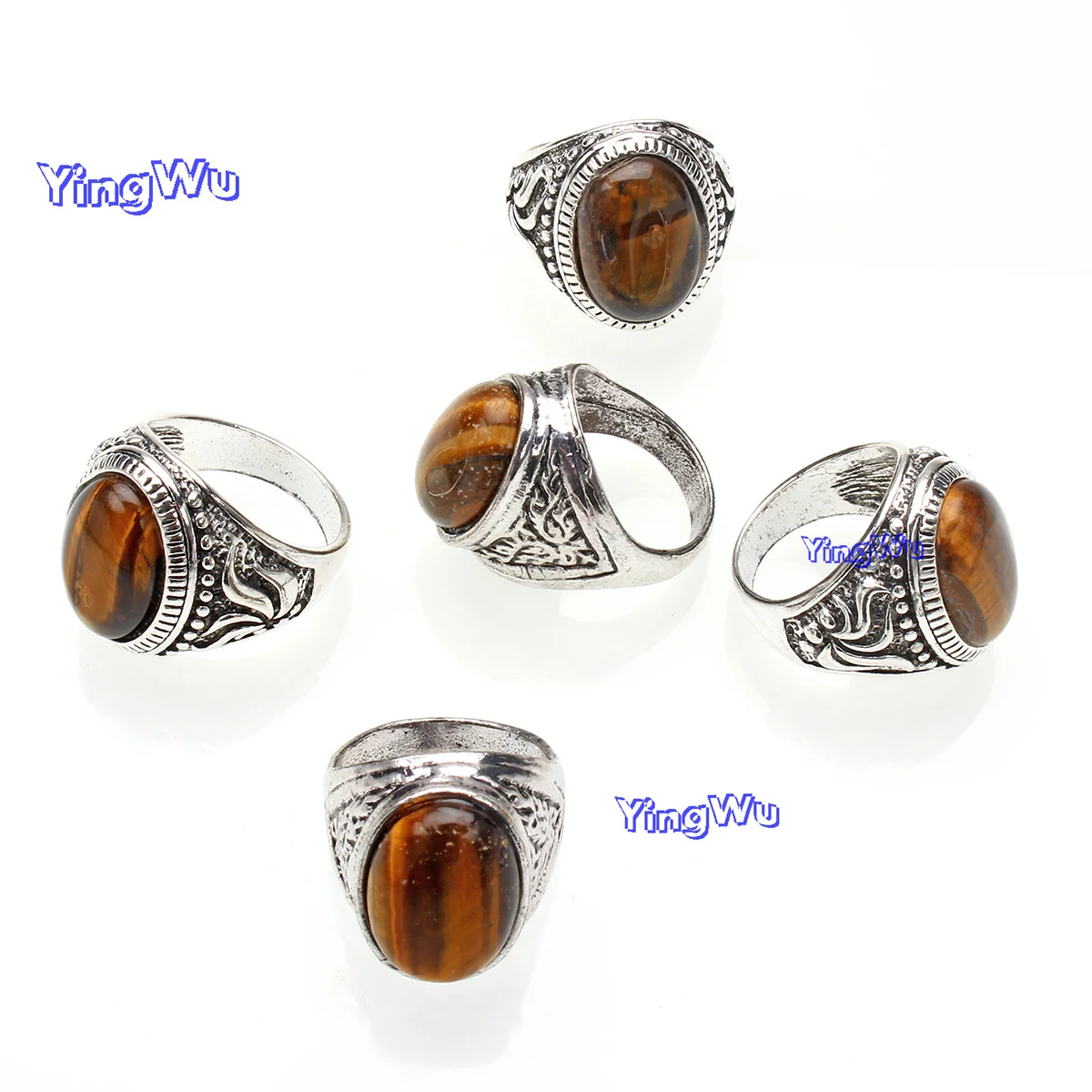 10pcs/Lot Wholesale Colorful Tiger Eye Natural Stone Finger Rings For Bohemia Mix Style Silver Color Hollow Alloy Metal Jewelry