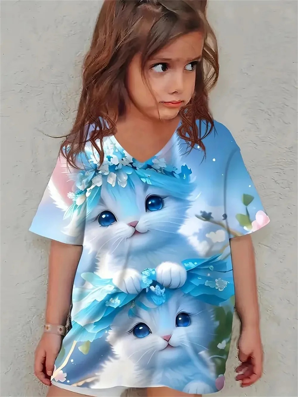 Camiseta infantil de manga curta estampada em 3D, tops casuais das meninas, roupas infantis, moda verão