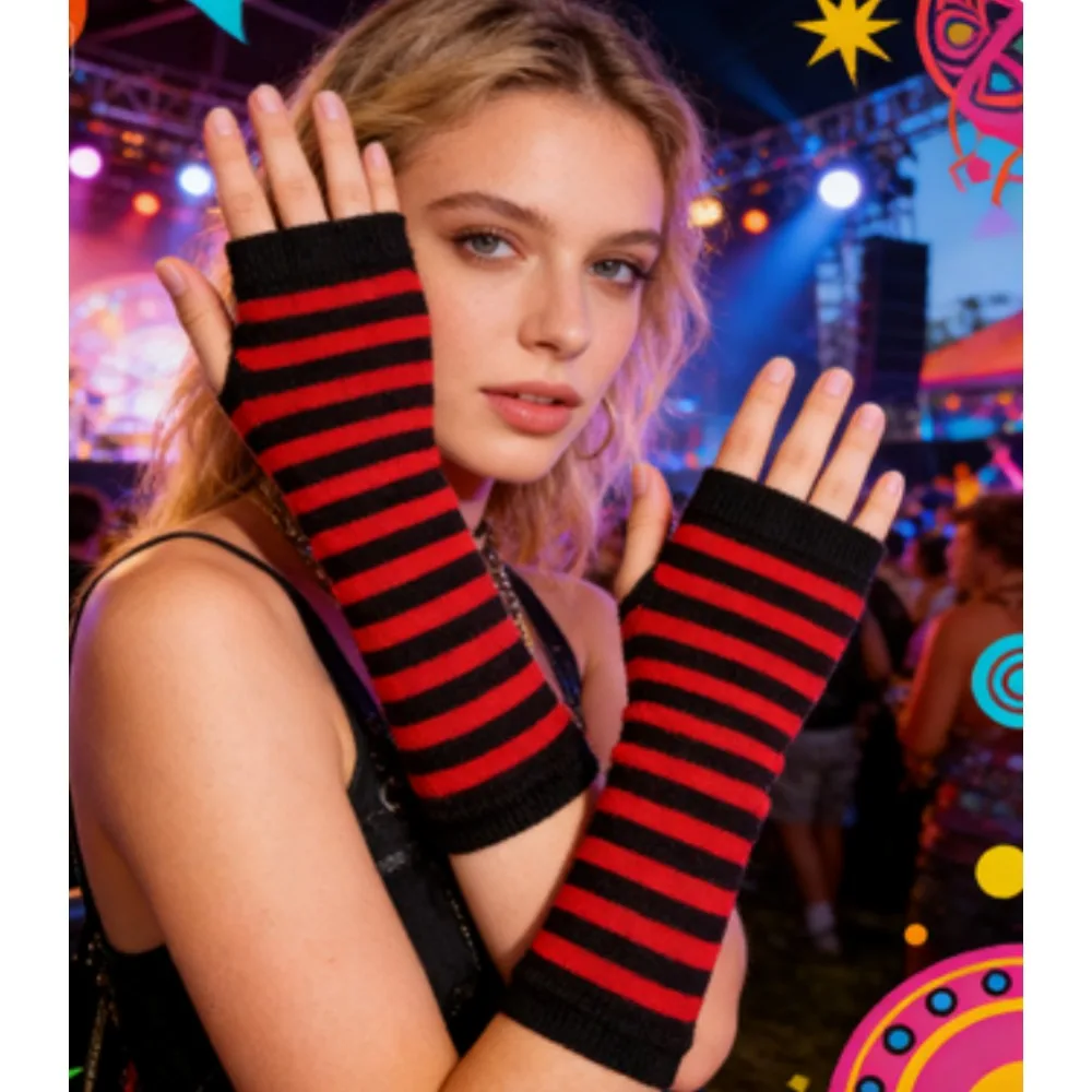 PESENAR Red  Black Striped Fingerless Gloves Knit Arm Warmers for Halloween Cosplay and Party