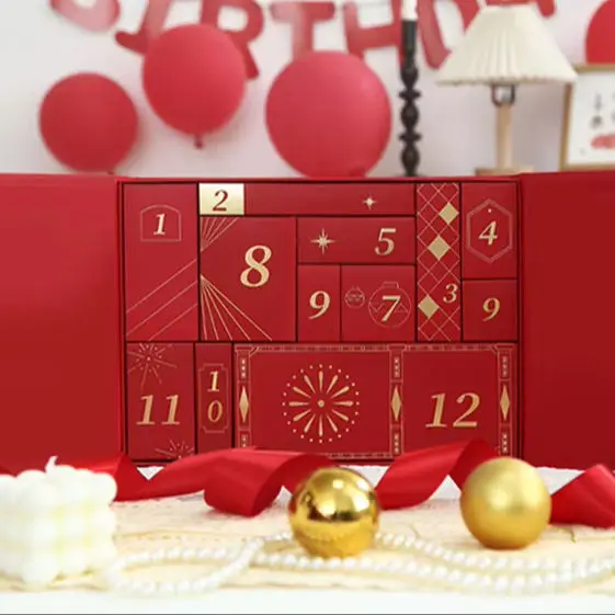 2025.Custom New Year 12 Days Luxury Gift Advent Calendar Box Portable Paper Rigid Cardboard Sponge Lining Red Packaging Printing - Image 2