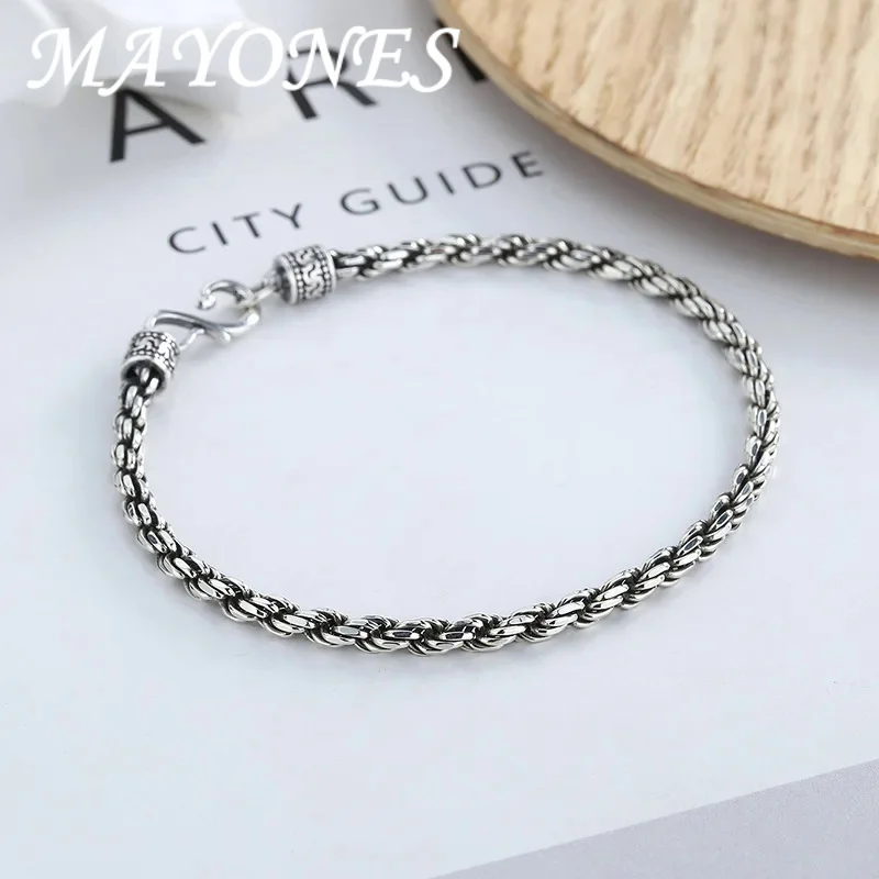 New 925 Sterling Silver Jewelry Vintage Twisted Rope Fried Dough Twists Woven Bracelet Fashion Gift for Men and Women