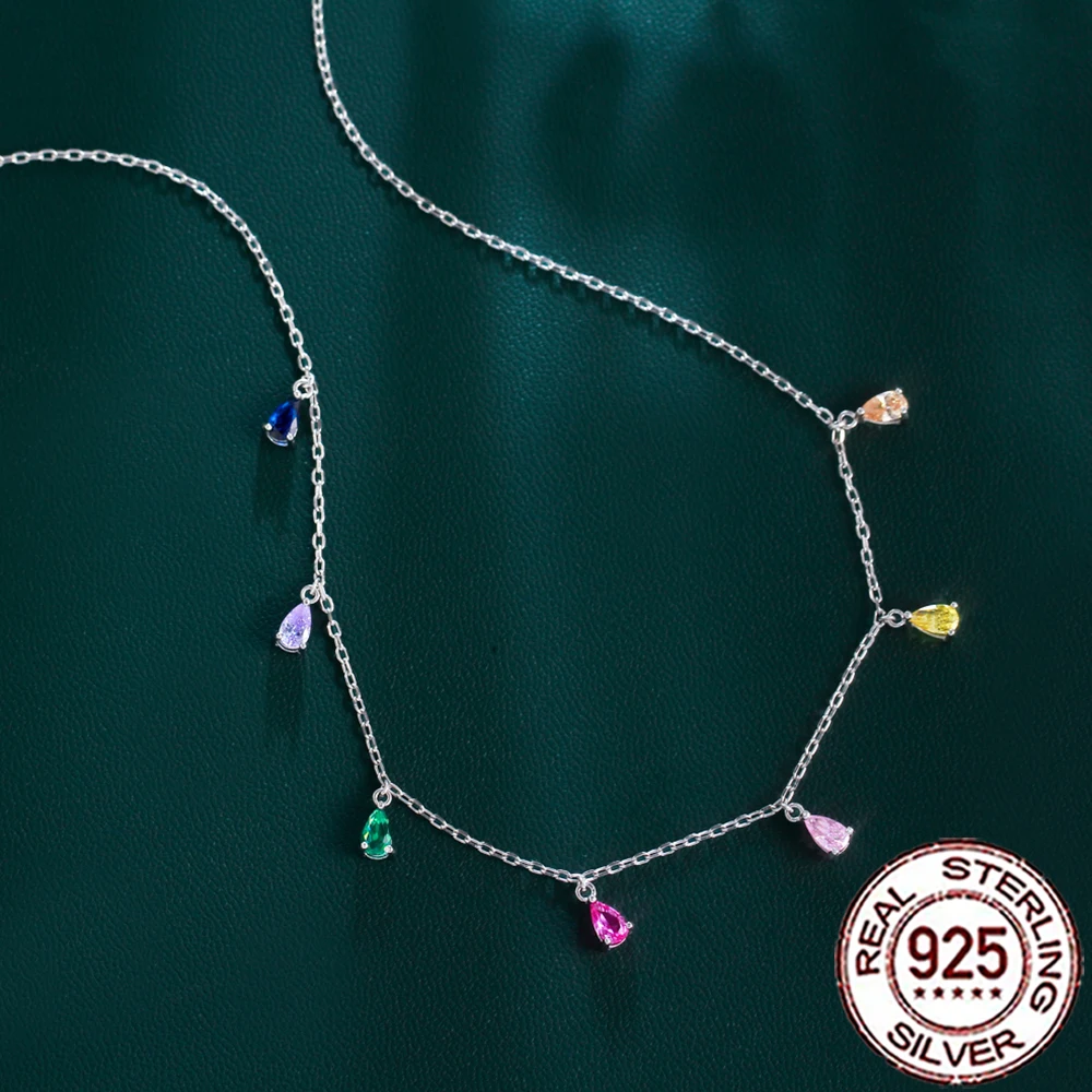 CWWZircons 925 Silver Boho Fashion Colorful CZ Crystal Fringed Water Drop Charm Necklaces for Women Wedding Party Jewelry SD035