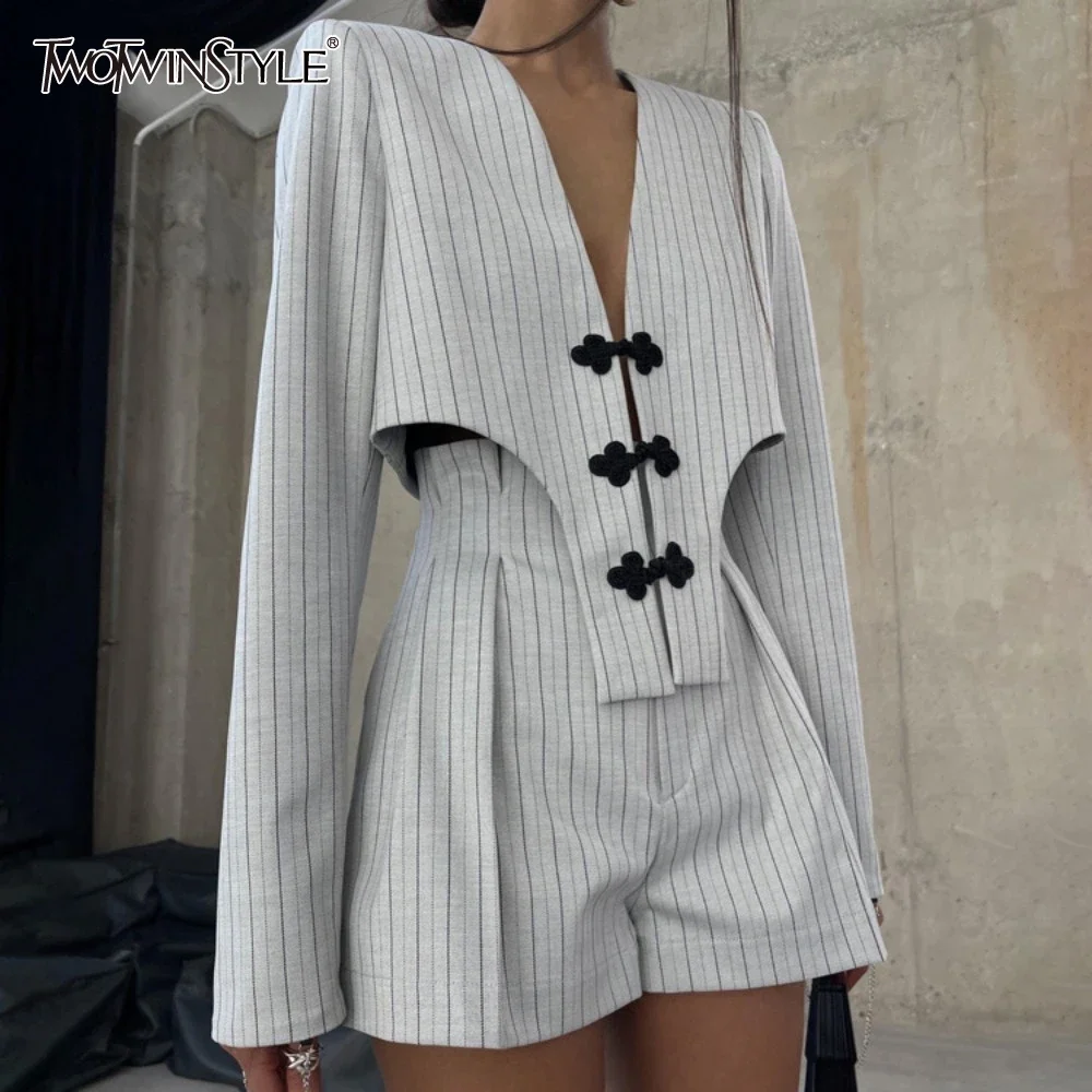 

TWOTWINSTYLE Striped Two Piece Set for Women V Neck Long Sleeve Spliced Button Coat High Waist Shorts Chic Sets Female