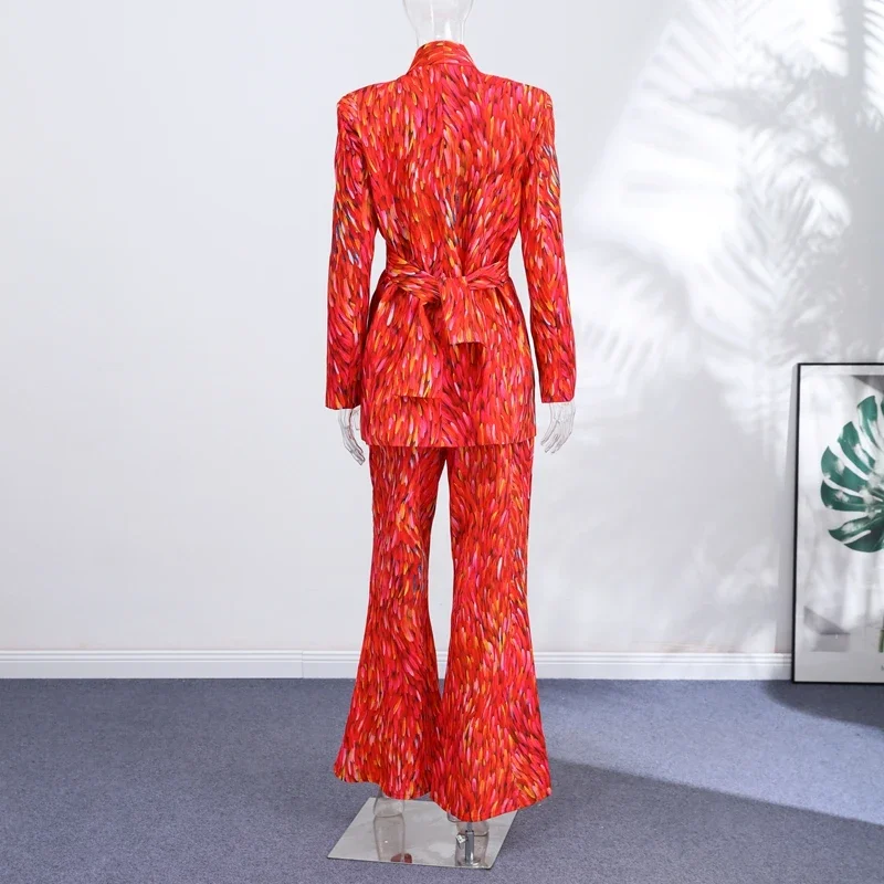 Modisches Damen-Blazer-Set mit Print, 2026, Langarm, Gürtel, V-Ausschnitt, Tailliert, Schlanke Damenjacke, Weite Hose, 2-teiliges Set – Detail 2
