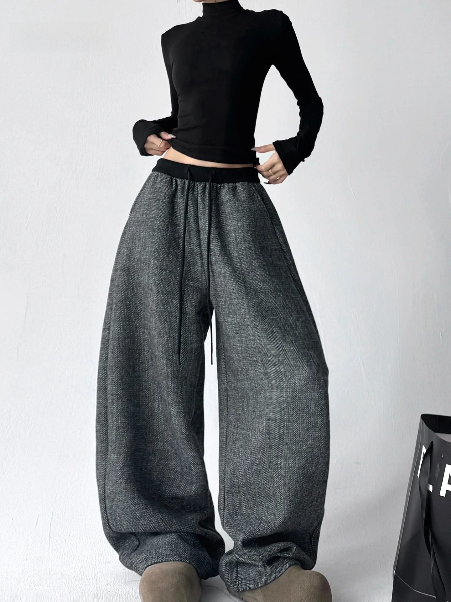 

Широкие брюки с высокой талией, женские осенне-зимние свободные драпированные утягивающие повседневные длинные брюки прямого кроя из полиэфирного волокна