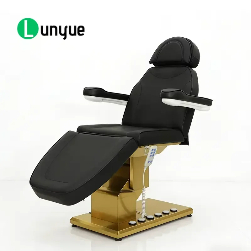 Luxury Gold Stainless Steel Base 3 Motor Electric Facial Treatment Massage Bed with Foot Control for Modern Spa Beauty