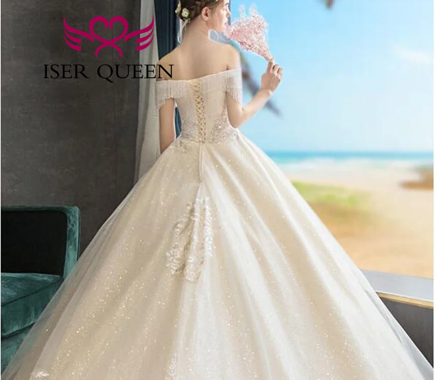 ที่กําหนดเองคริสตัลลูกปัดยุโรปชุดแต่งงานที่สวยหรู 2025 ปิดไหล่รถไฟศาลคุณภาพชุดแต่งงาน WX0252