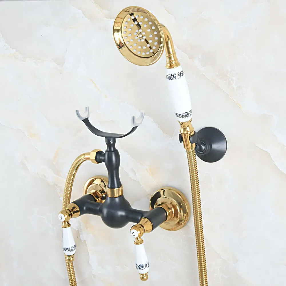 

Black Oil Rubbed & Gold Brass Wall Mounted Bathroom Hand Shower Faucet Set with 1500MM Hose Handheld Spray Head Mixer Tap Dna561