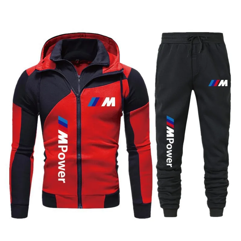 NEWBMW Logo Men's Sports Suit Double Zipper Two-Piece Sports Suit Men's Jacket Sports Suit BMW Hooded Sweatshirt+Pants New Model