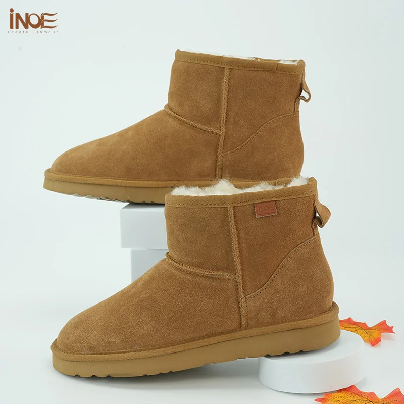 INOE Real Cow Suede Leather Cozy Ankle Ultra Mini Winter Snow Boots For Women Natural Wool Fur Lined Casual Short Warm Shoes