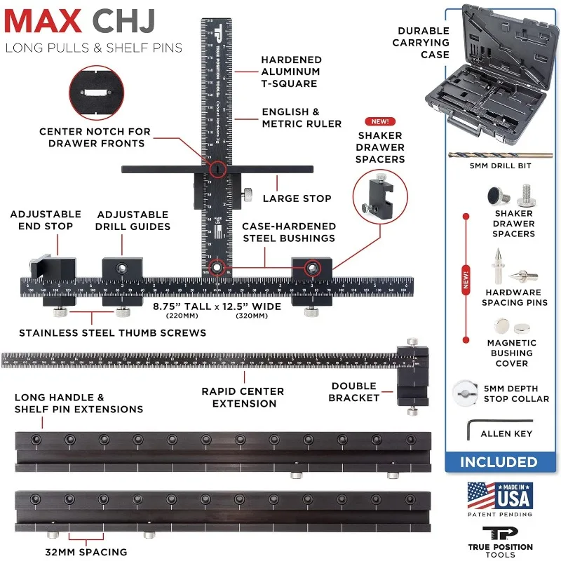 MAX Cabinet Hardware Jig installa tiranti lunghi e fori per perni dello scaffale realizzati negli stati uniti calibrati a mano da strumenti di posizione reale