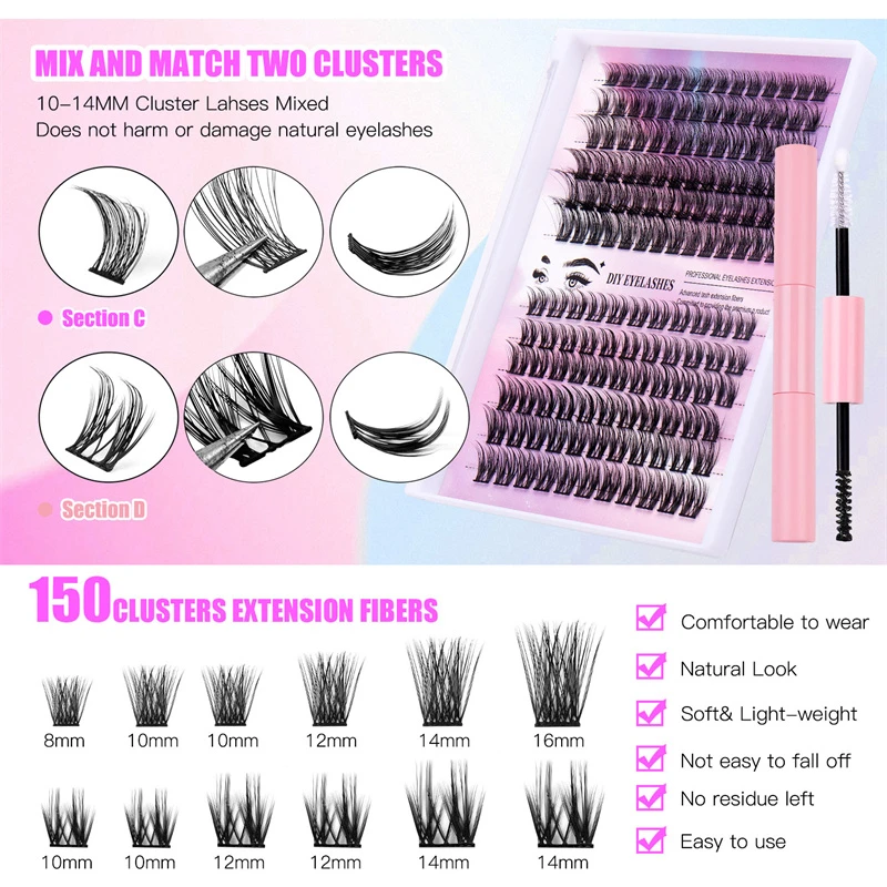 150 cluters 10---14mm clusters mix lengths lashes natual look no residue does not harm or damage natual eyelashes