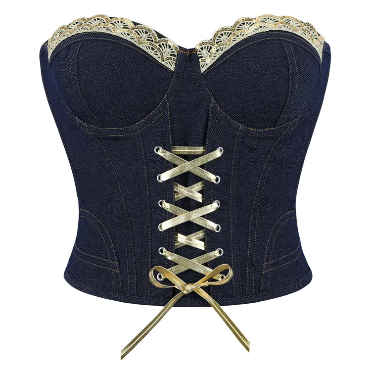 

Vintage Black Blue Denim Corset Crop Tops Gothic Sexy Women Bustier with Cups Gold Lace Up Strapless Top Summer Streetwear