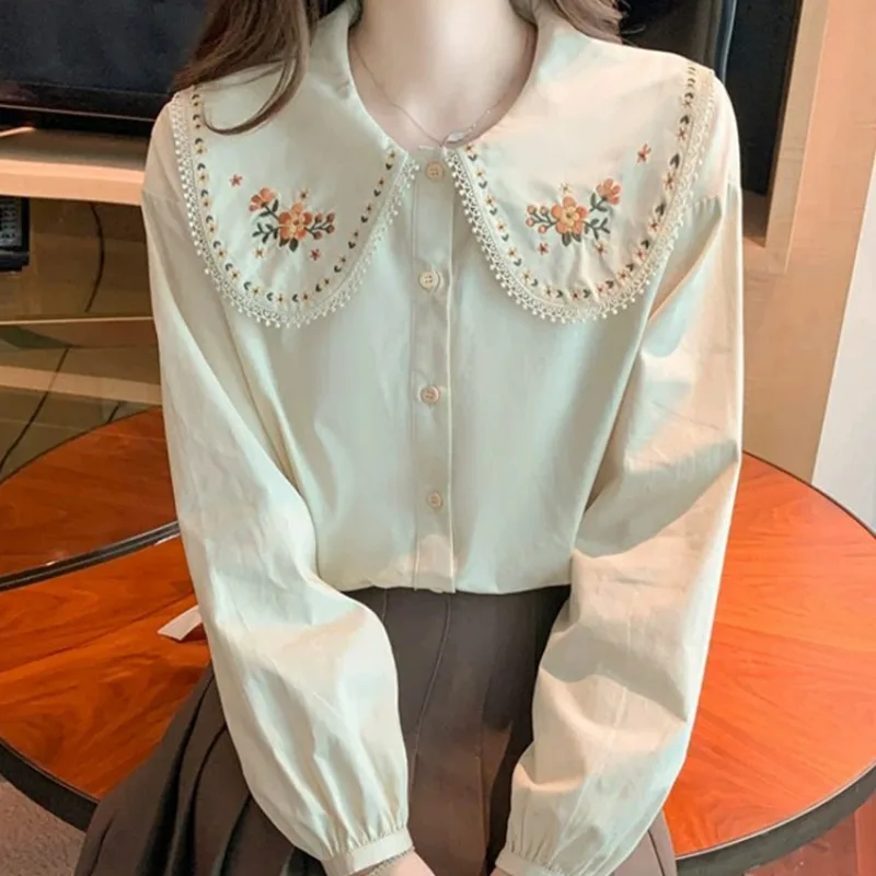 Embroidery Shirts Women Korean Fashion Tops Loose Peter Pan Collar Long Sleeve Lovely Girls College Simple Solid All-match Cozy