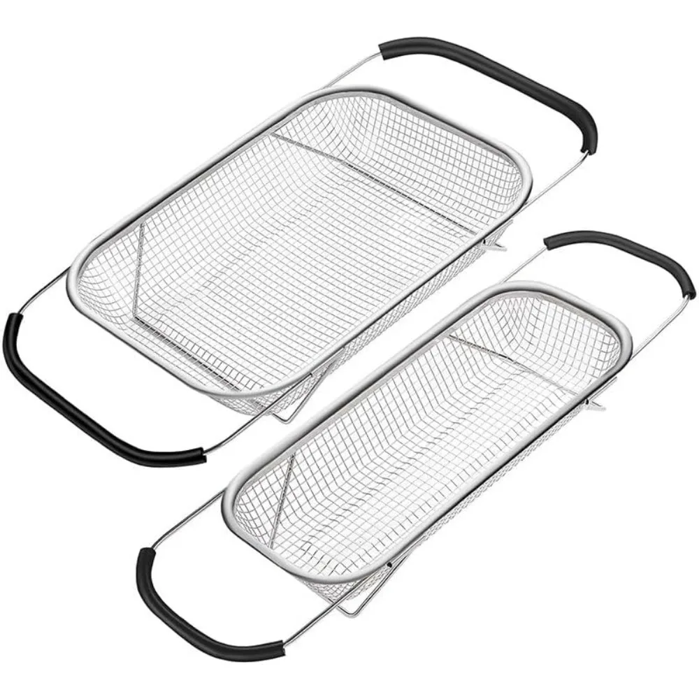 

Stainless steel drain basket 6 Quart Strainer Basket & Expandable Rubber Grip Handles - Strain, Drain, Rinse Fruits, Wash vegeta