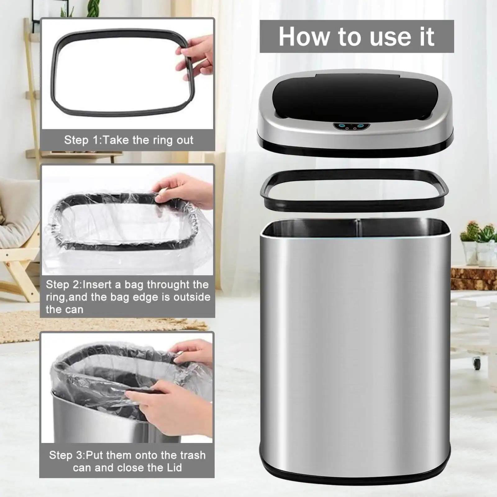 Kitchen Trash Can with Lid, 13 Gallon Automatic Stainless Steel Garbage Can with Touch-Free & Motion Sensor image 2