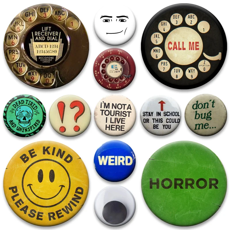 

Call Me,Red Vintage Rotary Phone Pins Funny Creative Text Round Badge Cute Cartoon Cats Brooch Backpack Accessories Jewelry Gift