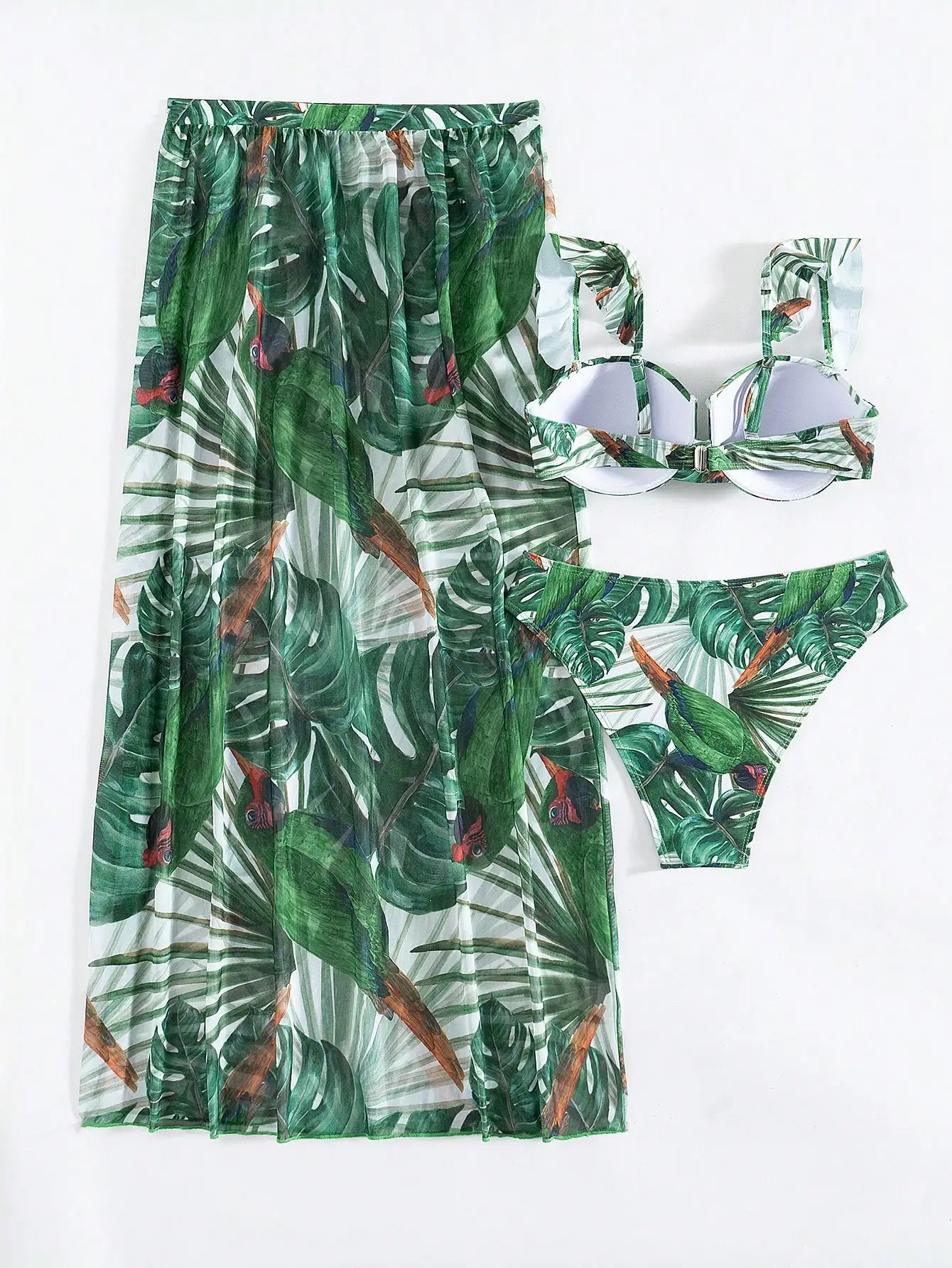 

3pcs Women Tropical Leaf Print Frill Strap Bikini Set With Chiffon Sarong Skirt