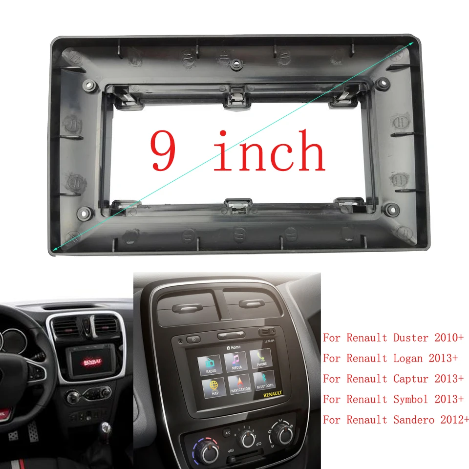 9 inch Car Fascia Radio Panel for RENAULT Duster 2010+; Logan, Captur, Symbol 2013+ Dash Kit Facia Bezel Adapter Console Plate