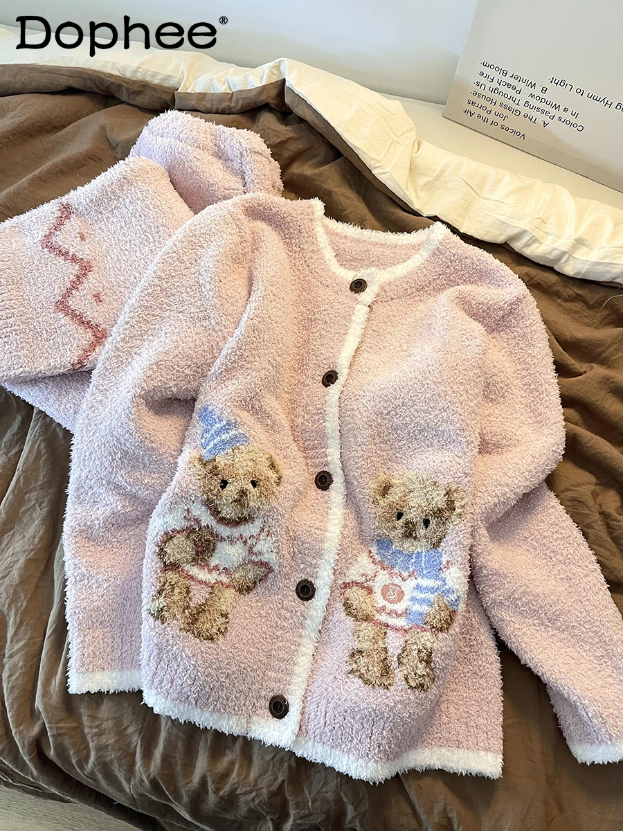 

Мягкие розовые плюшевые пижамы с милым медвежьим принтом, японская милая стильная осенне-зимняя флисовая теплая домашняя одежда для женщин