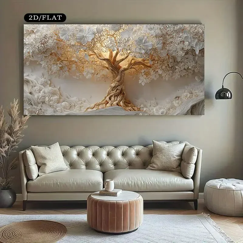 Large-sized 1pc frameless Canvas Painting 1pc Extra Large Canvas Wall Art - Tree of Life Painting with Golden Accents, Modern Mi