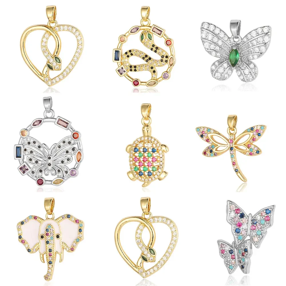 Hollow Heart Snake Dragonfly Copper Zircon DIY Jewelry Pendant Turtle Elephant Butterfly Rainbow Charm Necklace Making