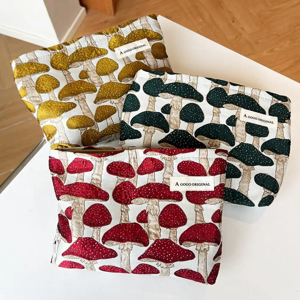 Makeup Bag Red / Yellow Mushroom Printing Coin Key Purse Washing Portable Cosmetic Pouch Handbag Gift