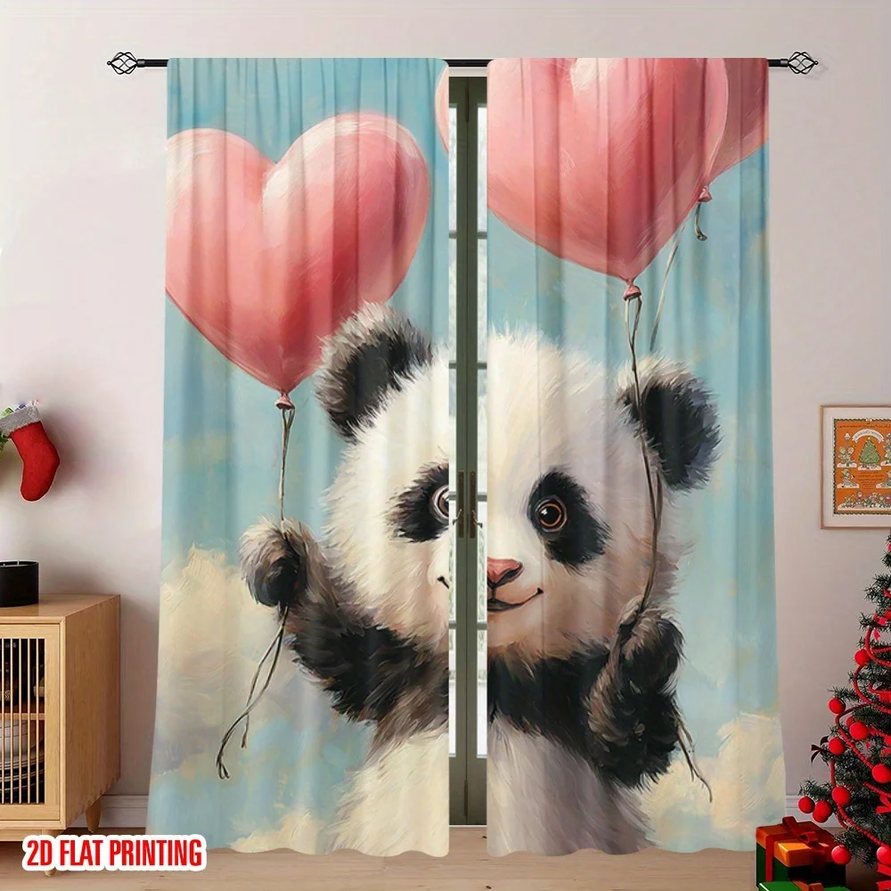 Cute Panda Curtains, Cartoon Bear Holding Heart Balloon Window Drapes, Kids Nursery Decor Blackout Fabric for Boys Girls Bedroom