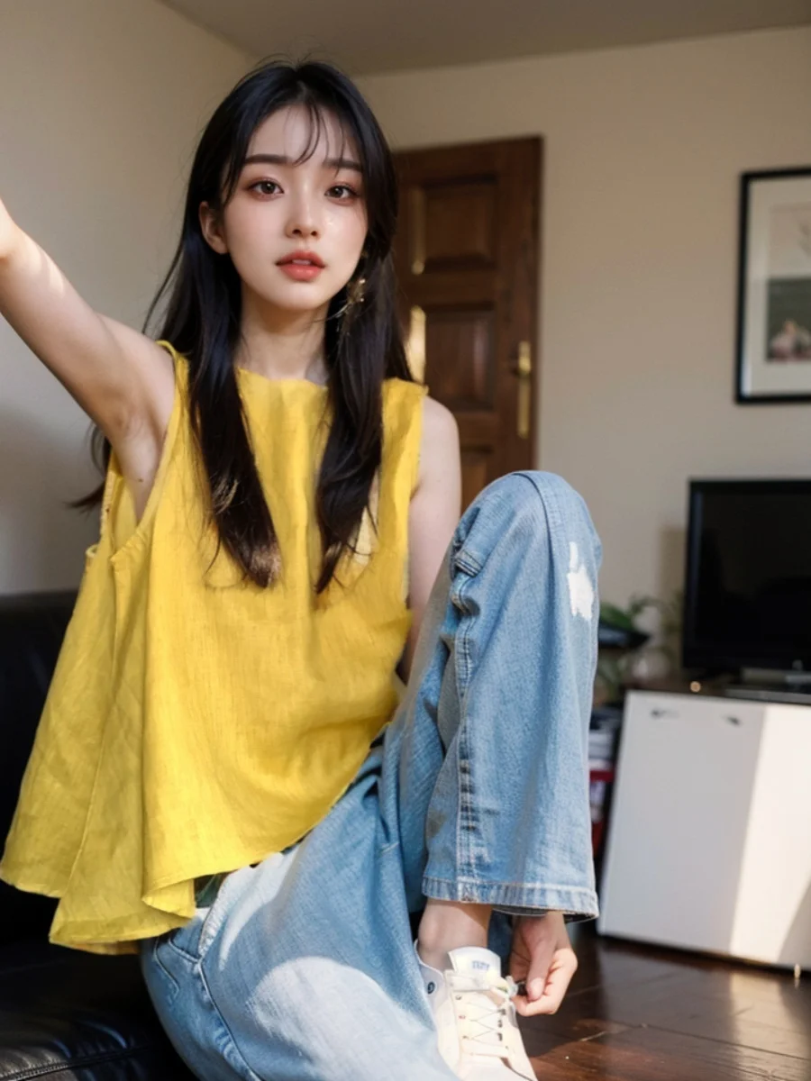 

Summer Yellow Linen Crop Top Women's Loose Innerwear Outerwear Sleeveless Shirt Korean Style Commute Fashion round Neck