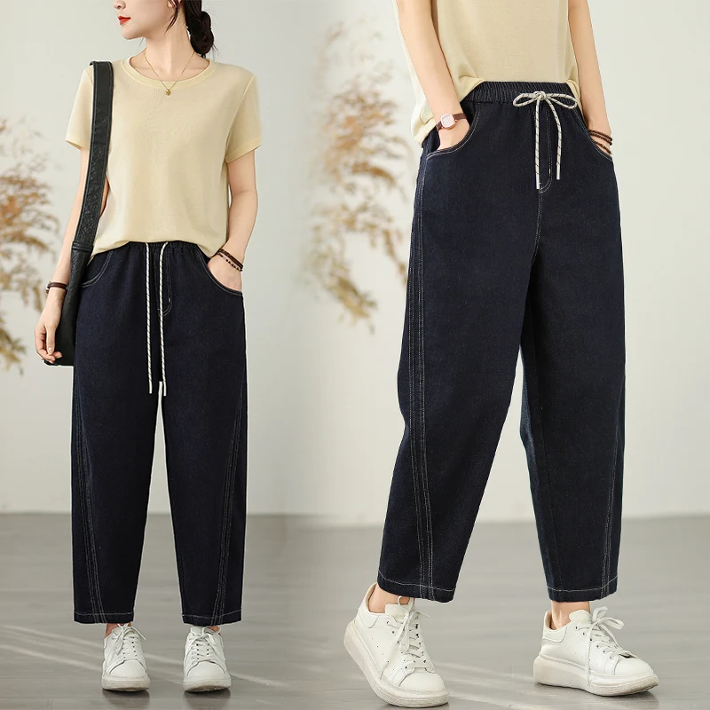 

Утягивающие джинсовые брюки с высокой талией, женские джинсы больших размеров с эластичными манжетами, глубокие цвета, летние модные женские джинсы премиум-класса