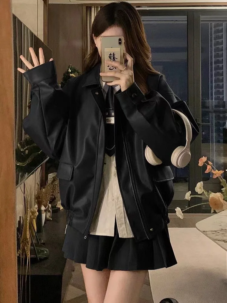 레트로 오토바이 PU 가죽 재킷 여성용 가을 겨울 신상 슬림핏 스트리트 패션 커플 매칭 코트