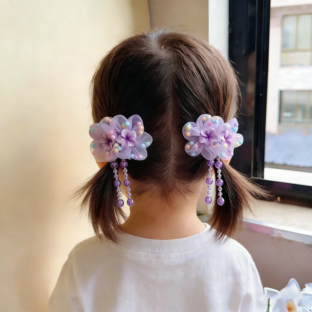 Cuerdas para el Cabello con Flores Rosas y Moradas, Accesorios para el Cabello de Niñas, Colgante de Cuentas, Borlas, Bandas Elásticas de Goma para Bebés Princesas