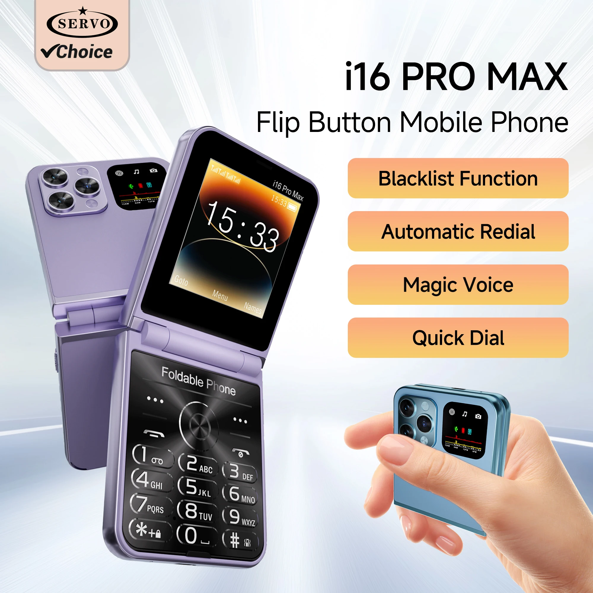 SERVO i16 PRO MAX 2G GSM Flip Phone 4 SIM Card Electric Torch Automatic Call Recording 2.6 Inch Screen Foldable Mobile Phone