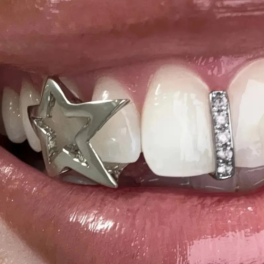 3Pcs Hip-Hop Hollow Star And Striped False Teeth Accessories for, Suitable for Both Men And Women in Hip-Hop Rap Style.