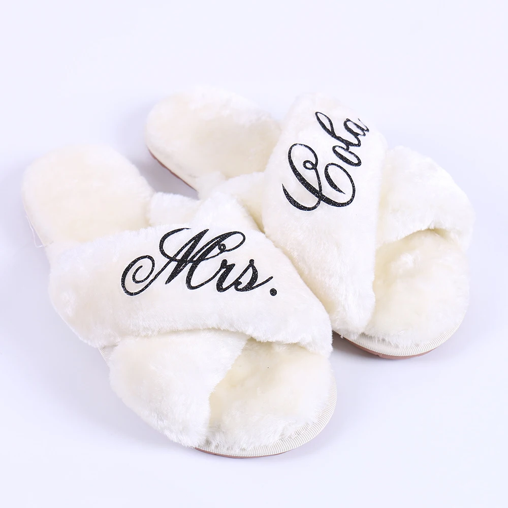 Personalized Furry Fluffy Slippers, Bridesmaid Gifts, Bridal Shower, Custom Wedding Trip, Maid of Honor Gifts